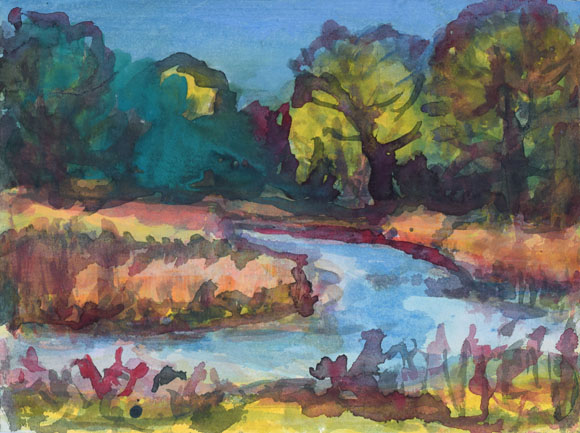 Konrad Sommer:  Altwasser-Amper, 2.06.1963, Aquarellfarben auf Papier, 24,7 x 33,3 cm