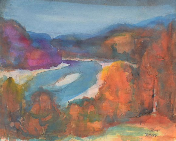 Konrad Sommer: Isar, 7.04.1972, Aquarellfarben auf Papier, 27,4 x 34,2 cm