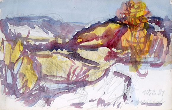 Konrad Sommer: Mühltal, 10.03.1981, Aquarellfarben auf Papier, 15,3 x 24,0 cm