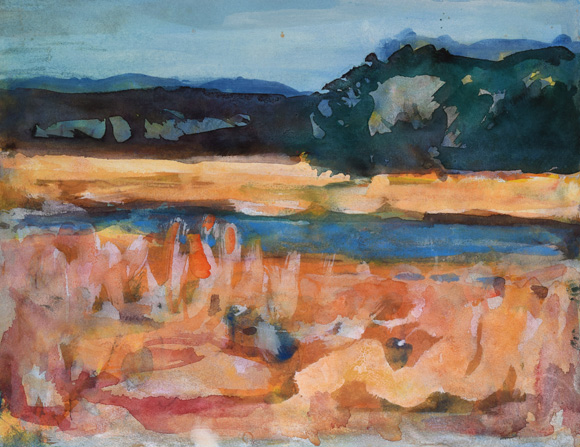 Konrad Sommer: Gewässer mit Wald, 1983, Aquarellfarben auf Papier, 26,8 x 34,9 cm