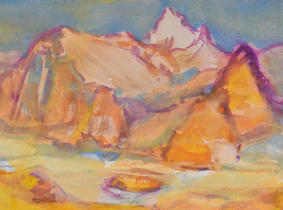 Konrad Sommer: Weisshorn vom Meidsee aus gesehen, um 1986, Aquarellfarben auf Papier, 25,7 x 34,2 cm