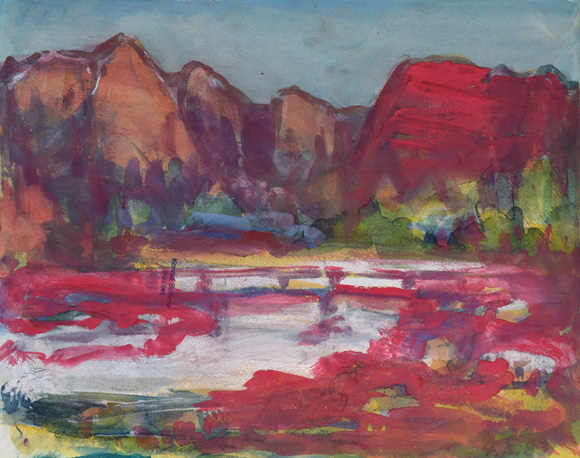 Konrad Sommer:  Alpensee, um 1987, Aquarellfarben auf Papier, 27,8 x 35,0 cm