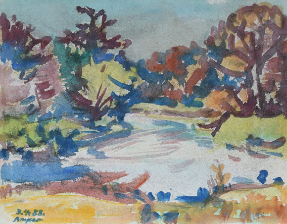 Konrad Sommer:  Amper, 3.04.1988, Aquarellfarben auf Papier, 27,0 x 34,4 cm