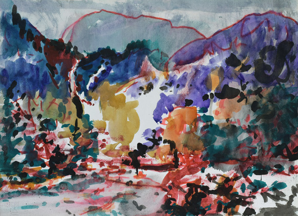 Konrad Sommer:  Krottental Wasserfall,  2.08.1994, Aquarellfarben auf Papier, 25,0 x 35,0 cm