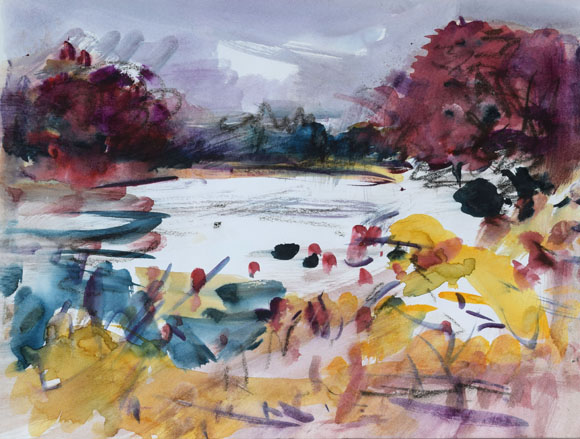 Konrad Sommer: Tuzing Auweiher,  24.11.1994, Aquarellfarben auf Papier, 24,0 x 32,0 cm