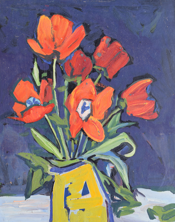 Konrad Sommer: Rote Tulpen,  um 1965, Öl auf Karton, 57,0 x 47,0 cm 