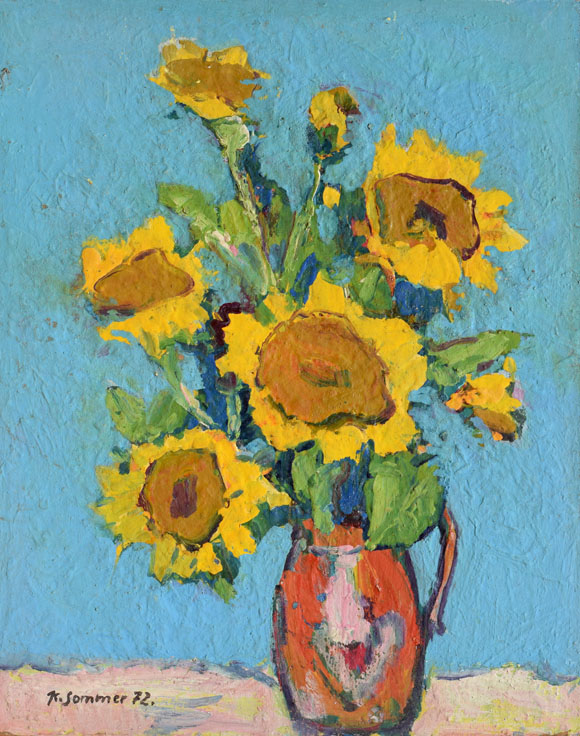 Konrad Sommer: Sonnenblumen, 1972, Acryl/Öl auf Hartfaser, 71,0 x 56,0 cm