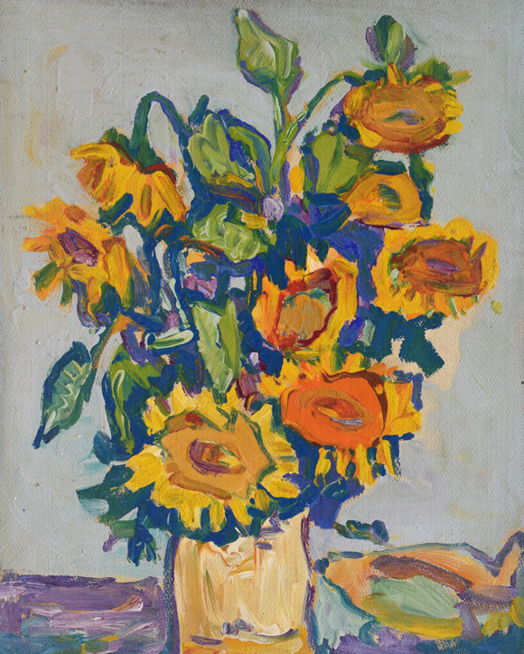 Konrad Sommer: Sonnenblumen, um 1975, Acryl/Öl auf Hartfaser, 71,0 x 56,5 cm