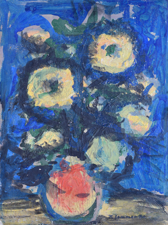 Konrad Sommer: Chrysanthemen,  1986, Acryl/Öl auf Karton, 59,0 x 44,5 cm