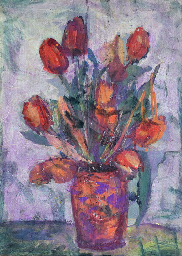 Konrad Sommer: Tulpen, um 1988, Acryl/Öl auf Karton, 53,0 x 37,5 cm