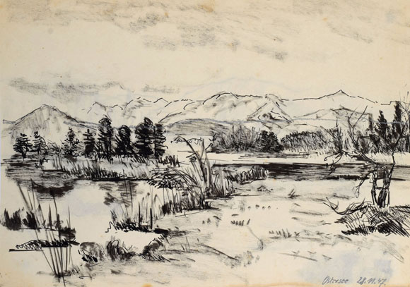 Konrad Sommer: Ostersee, 28.11.1947, Kohle, Bleistift auf Papier, 20,0 x 28,5 cm 