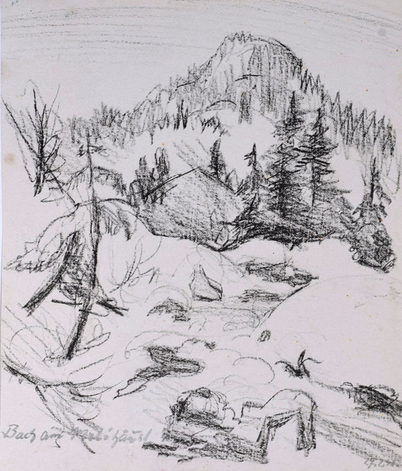 Konrad Sommer: Bach am Milihäusl, 27.02.1948, Kohle auf Papier, 23,0 x 19,6 cm