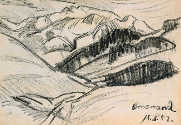 Konrad Sommer: Benediktenwand, 11.03.1951, Kohle auf Papier, 19,8 x 28,2 cm