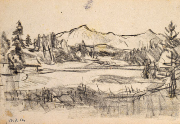 Konrad Sommer: Herzogstand und Heimgarten, 24.07.1952, Kohle auf Papier, 17,0 x 27,6 cm