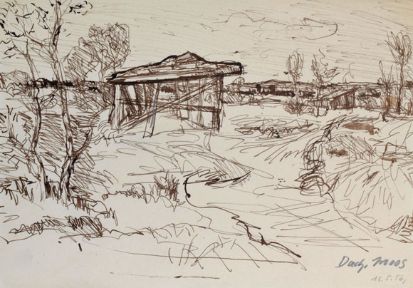 Konrad Sommer: Dachauer Moos, 12.05.1956, Tusche auf Papier, 20,2 x 28,5 cm