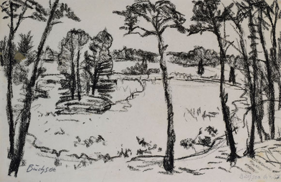 Konrad Sommer:  Buchsee, 6.04.1957, Kohle auf Papier, 20,2 x 31,5 cm