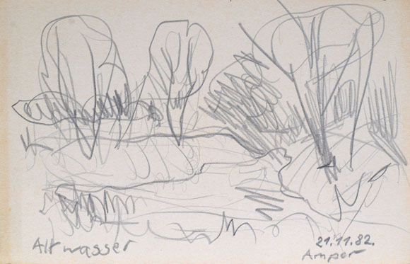 Konrad Sommer:  Altwassser Amper, 21.11.1982, Bleistift auf Papier, 13,5 x 21,0 cm