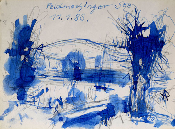 Konrad Sommer: Feldmochinger See, 11.01.1983, Tinte auf Papier, 11,5 x 15,6 cm