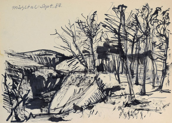 Konrad Sommer:  Mühltal, September 1983, Tusche auf Papier, 21,0 x 29,7 cm