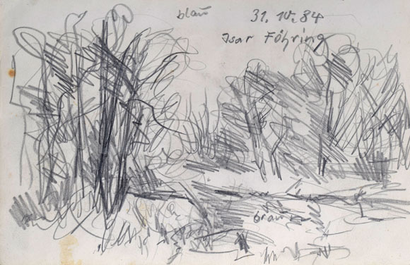 Konrad Sommer: Isar bei Föhring, 31.10.1984, Bleistift auf Papier, 13,4 x 24,0 cm